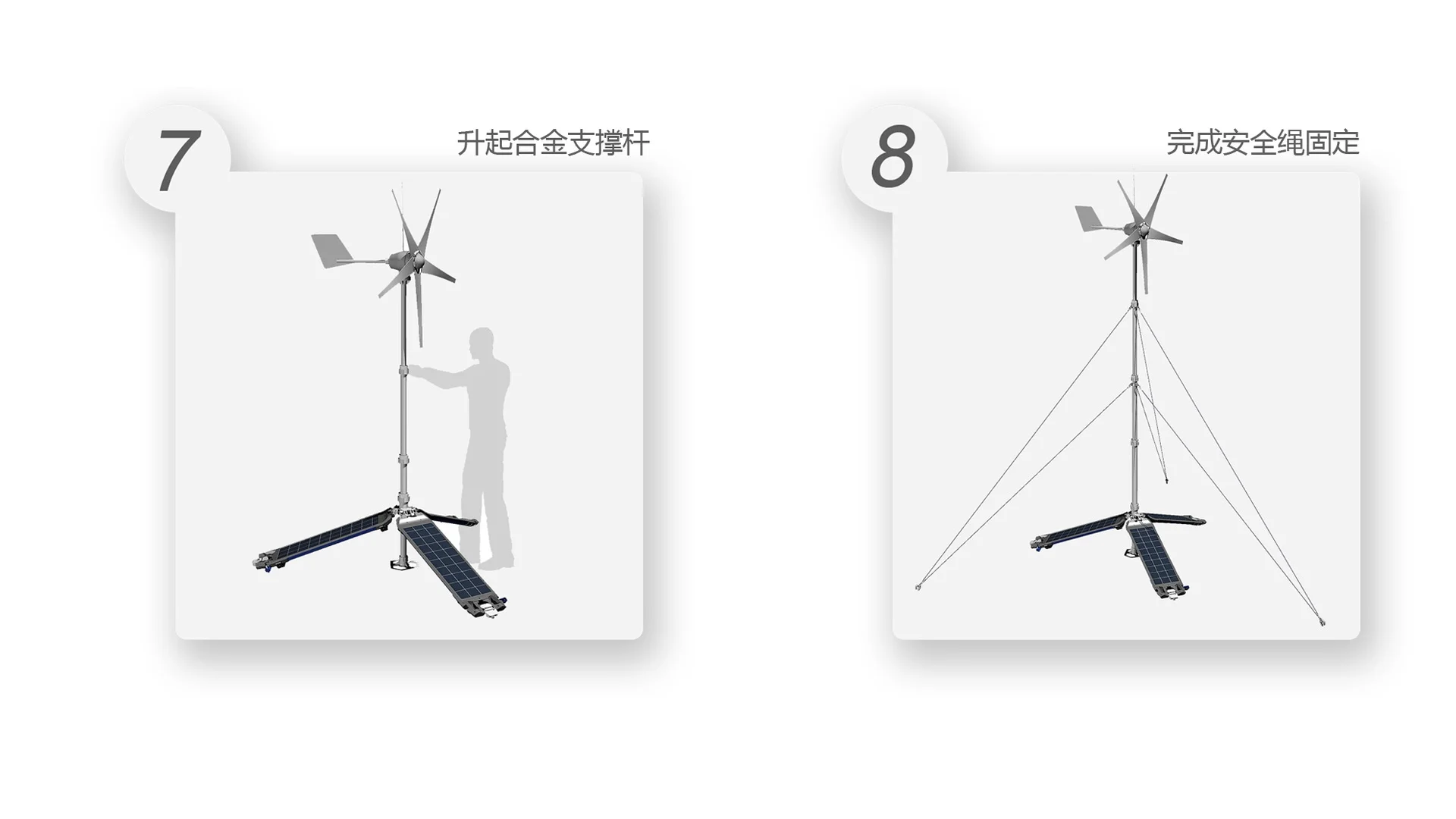 步骤7至8：升起支撑杆并固定拉绳