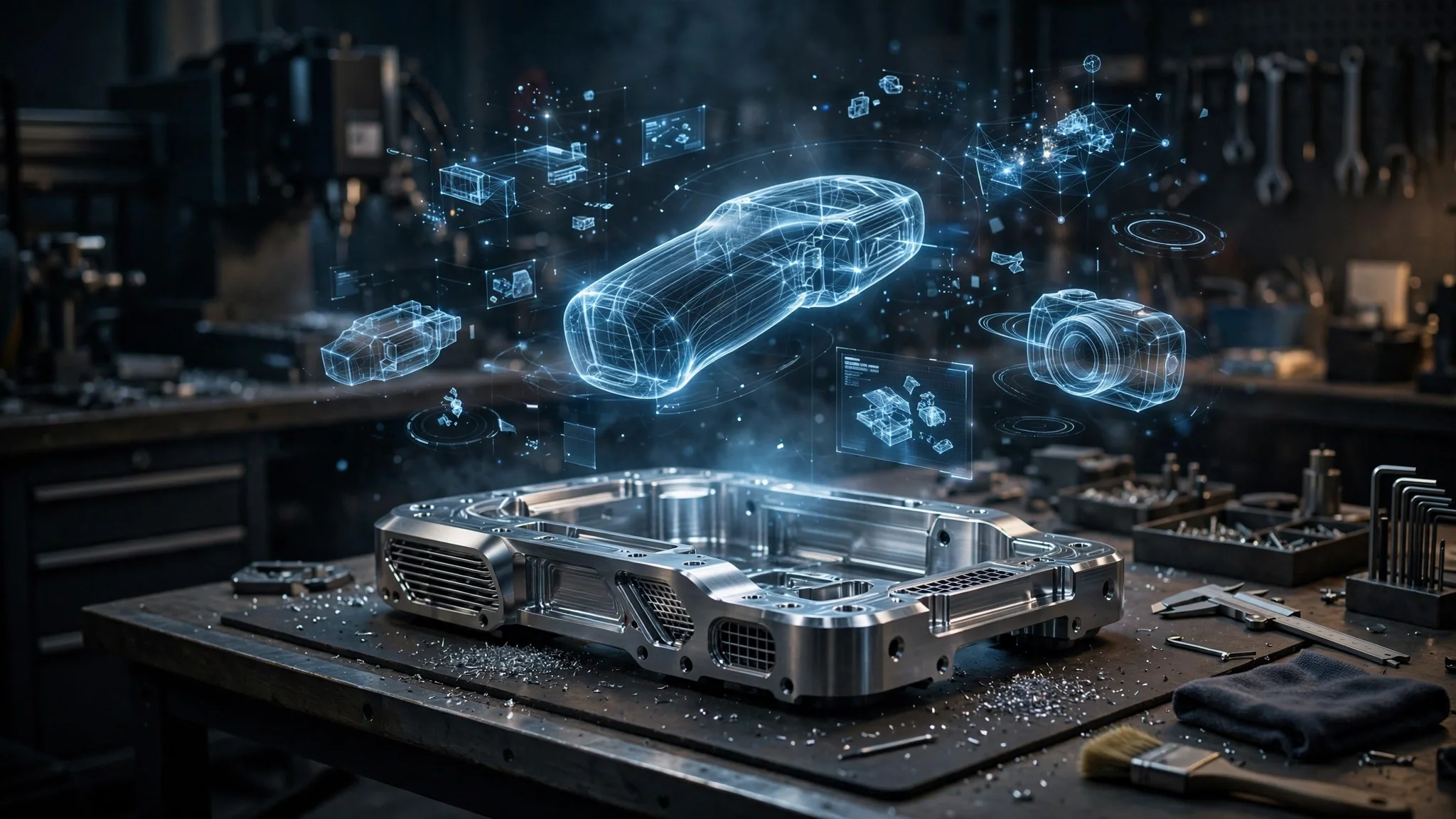 悬浮的 AI 线框概念与工作台上 CNC 铣削的实体原型